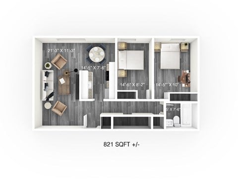 Floor plan for 2 beds, 1 bath, 821 sqft